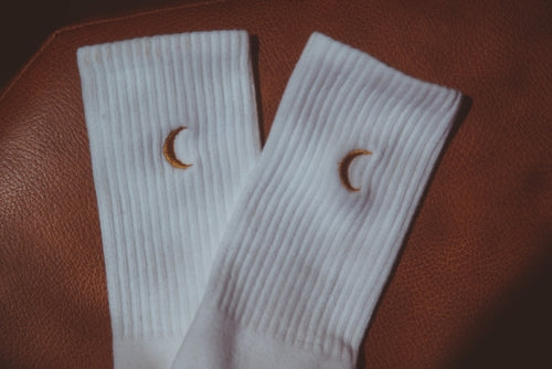 Moon Landing Embroidered Socks - White Cotton, Lunar Style