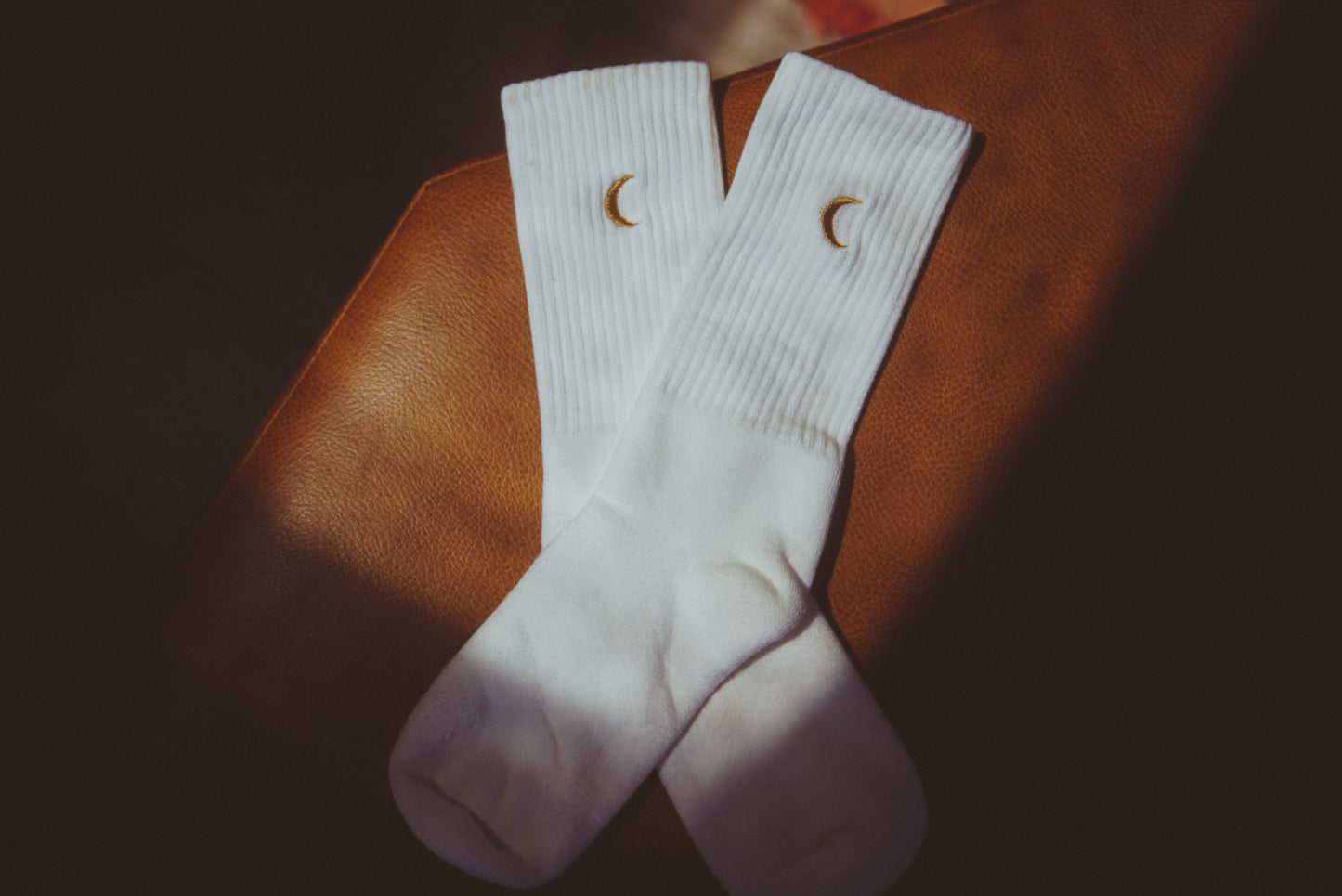 Moon Landing Embroidered Socks - White Cotton, Lunar Style