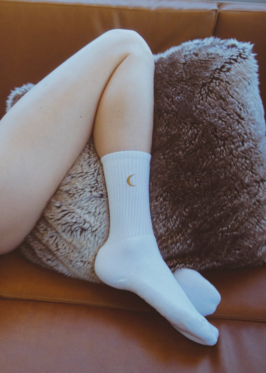Moon Landing Embroidered Socks - White Cotton, Lunar Style